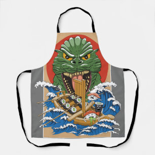 Funny Sushi Lover Monster Cartoon Illustration Apron