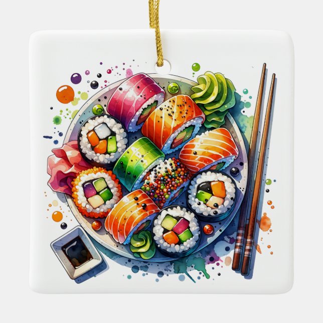 Funny Sushi Rolls Pun Personalized Christmas Ceramic Ornament (Front)