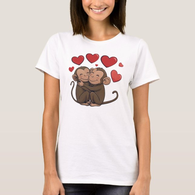 Funny Sweet Chic Cute Colourful Hugging Monkeys T-Shirt (Front)