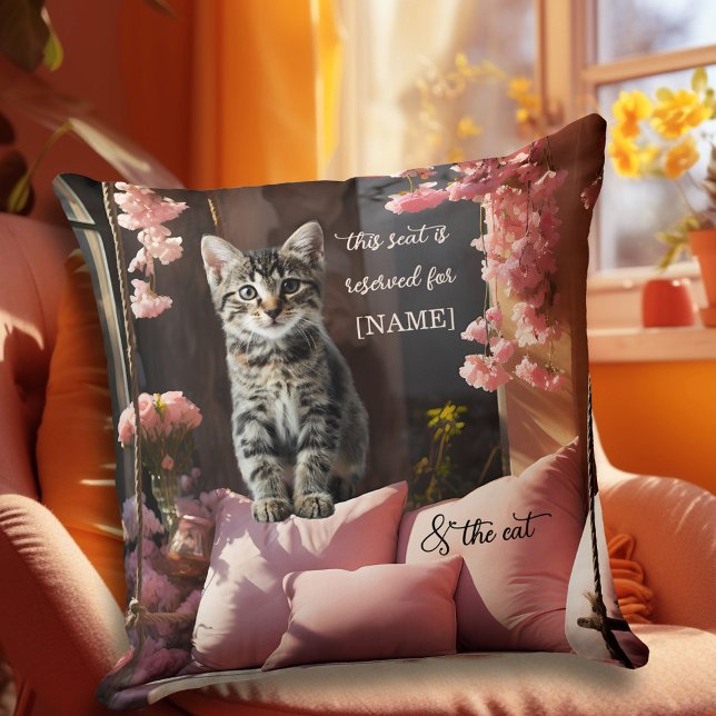 Funny Sweet Kitten Pink Throw Pillow (A funny romantic pillow featuring a kitty on a pink swing bench with flowers - Valentine's Day)