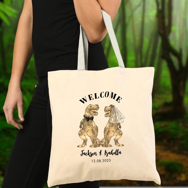 Funny T Rex Bride and Groom Wedding Welcome Tote Bag (T-Rex bride and groom dinosaur wedding welcome tote bag)