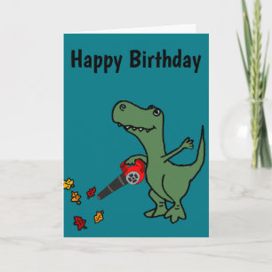 Funny T-rex Dinosaur Blowing Leaves Card
