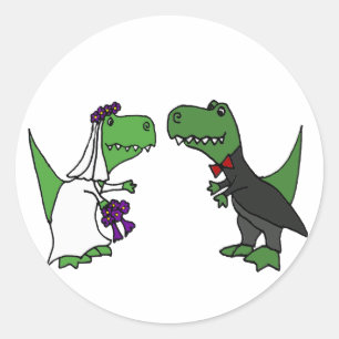 Funny T-rex Dinosaur Bride and Groom Wedding Art Classic Round Sticker