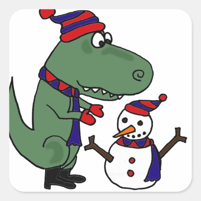 Funny T-Rex Dinosaur Building Snowman Square Sticker (Front)