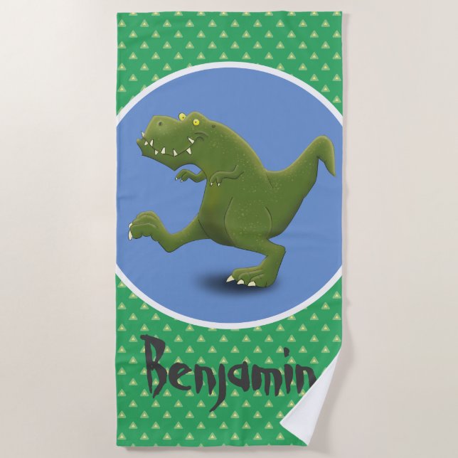 Funny t rex dinosaur cartoon illustration beach towel (Front)
