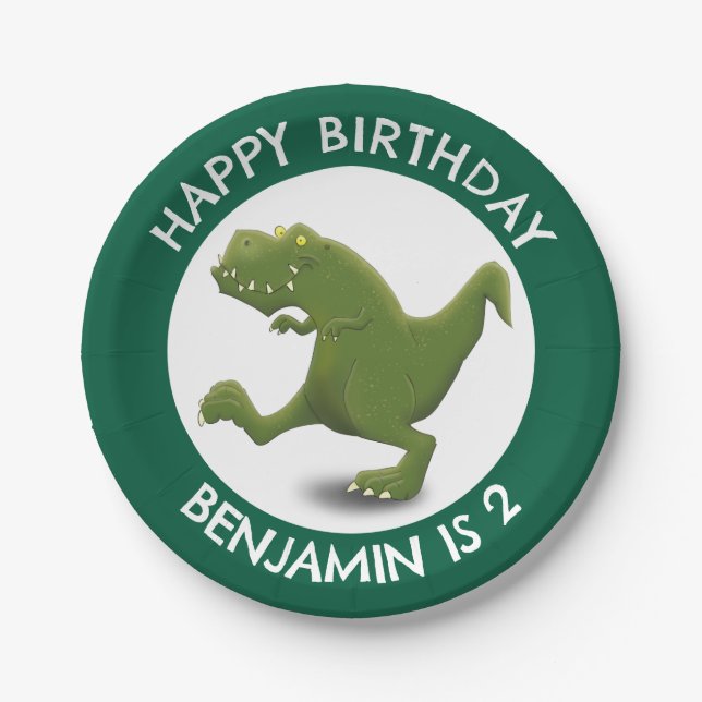 Funny t rex dinosaur cartoon personalized paper plate (Front)