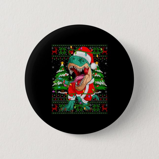 Funny T-rex Dinosaur Christmas Lights Ugly Xmas Sw 2 Inch Round Button (Front)