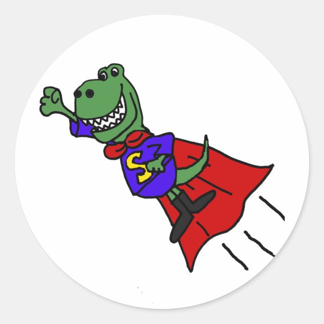 Funny T-rex Dinosaur Flying Superhero Classic Round Sticker (Front)