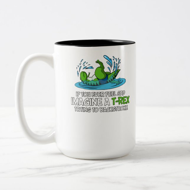 Funny T-Rex Dinosaur Hates Backstroke Swimming Two-Tone Coffee Mug (Left)