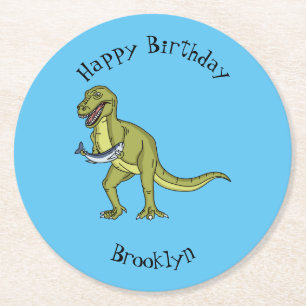 Funny T rex dinosaur illustration Round Paper Coaster