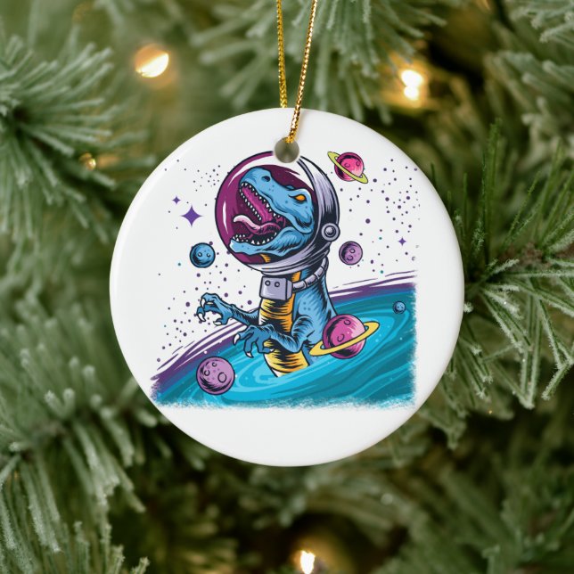 Funny T-Rex Dinosaur in Space Ceramic Ornament (Tree)