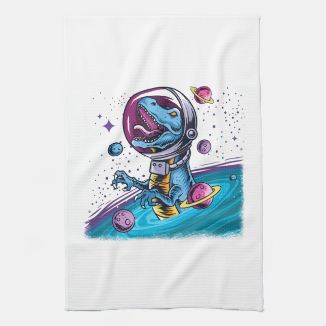 Funny T-Rex Dinosaur in Space Kitchen Towel (Vertical)