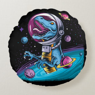 Funny T-Rex Dinosaur in Space Round Pillow