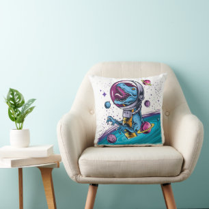 Funny T-Rex Dinosaur in Space Throw Pillow