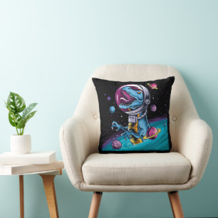 Funny T-Rex Dinosaur in Space Throw Pillow