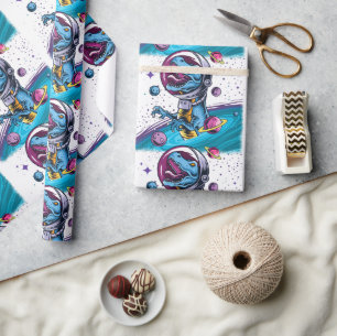 Funny T-Rex Dinosaur in Space Wrapping Paper