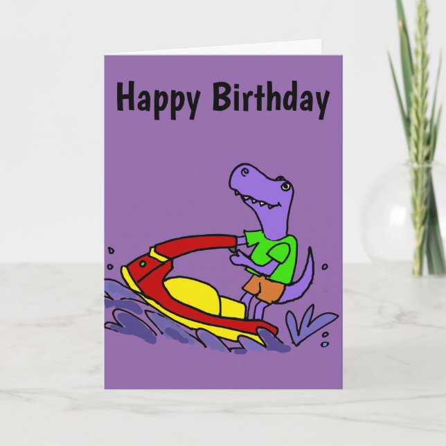 Funny T-rex Dinosaur Jet Skiing Cartoon Card (Front)