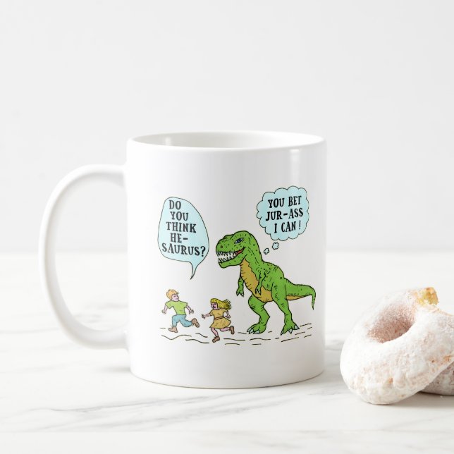 Funny T Rex Dinosaur Jurassic Pun Humourous Quote Coffee Mug (With Donut)