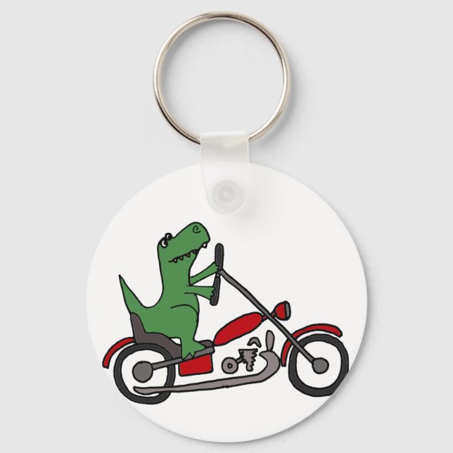 Funny T-rex Dinosaur on Red Motorcycle Keychain (Front)