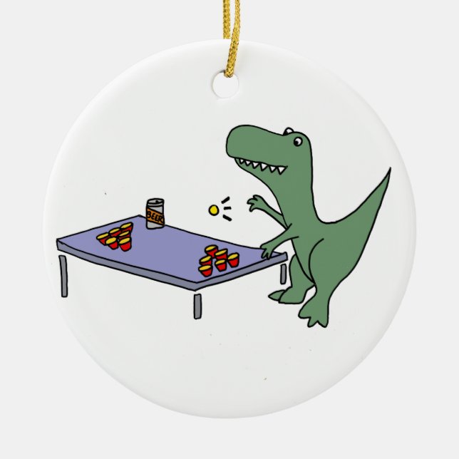 Funny T-Rex Dinosaur Playing Beer Pong Ceramic Ornament (Front)