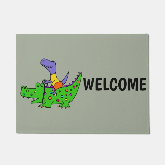 Funny T-rex Dinosaur Riding Alligator Doormat (Front)