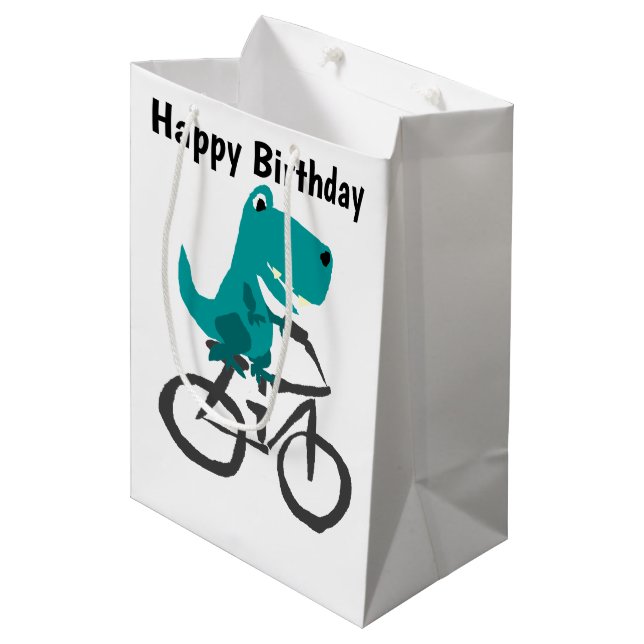 Funny T-rex Dinosaur Riding Bicycle Cartoon Medium Gift Bag (Front Angled)