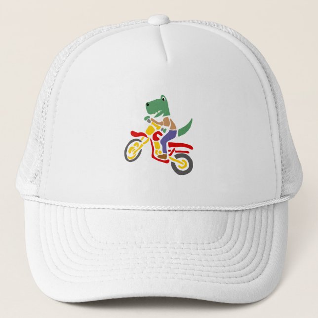 Funny T-rex Dinosaur Riding Dirt Bike Motorcycle Trucker Hat (Front)