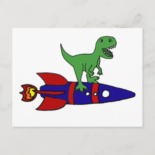 Funny T-Rex Dinosaur Riding Rocketship Cartoon Postcard