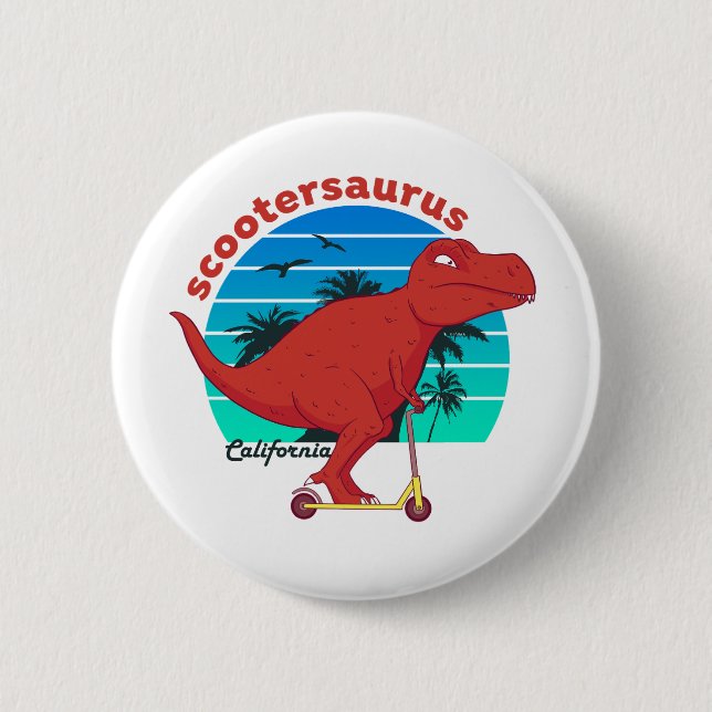 Funny T-Rex Dinosaur Riding Scooter Scootersaurus 2 Inch Round Button (Front)