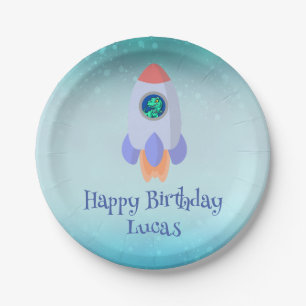 Funny T-rex dinosaur rocket School kid Birthday Paper Plate