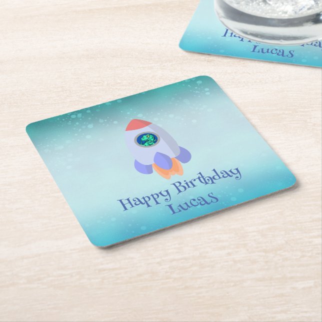 Funny T-rex dinosaur rocket School kid Birthday  Square Paper Coaster (Angled)