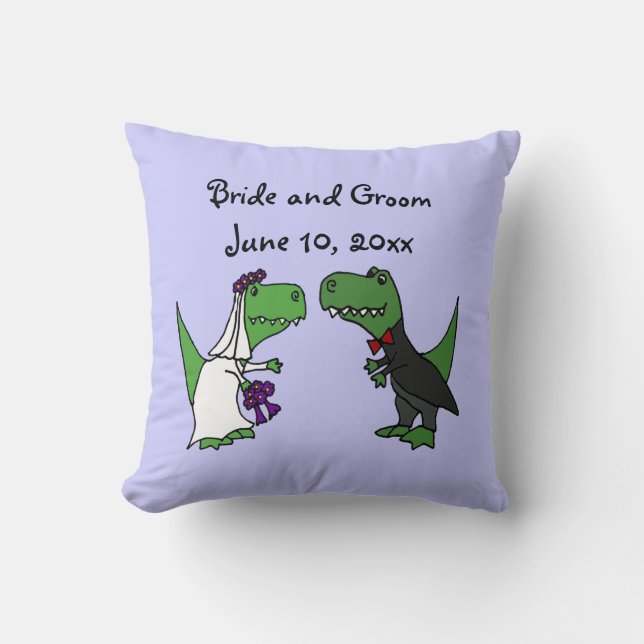 Funny T-rex Dinosaurs Bride and Groom Wedding Art Throw Pillow (Front)