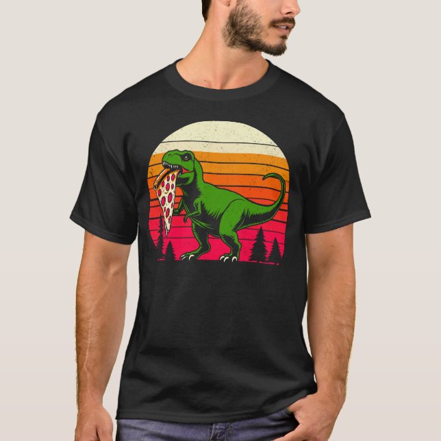 Funny T Rex Pizza Retro Sunset Dinosaur T-Shirt (Front)