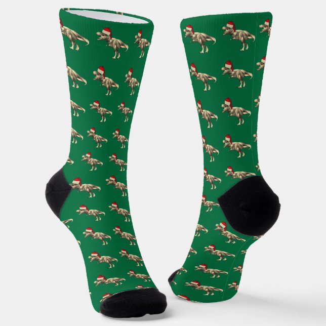 Funny T-Rex Santa Dinosaur Green Christmas Socks (Angled)