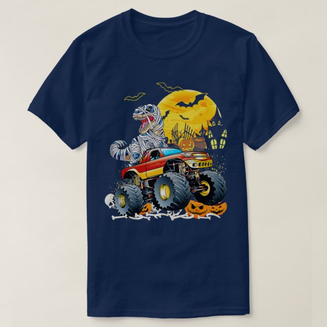 Funny T Rex Saurus Riding Monster Truck Happy Hall T-Shirt (Design Front)