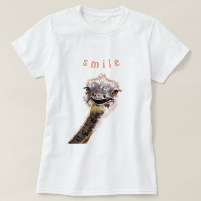 Funny T-Shirt with Happy Playful Ostrich - Smile (Design Front)