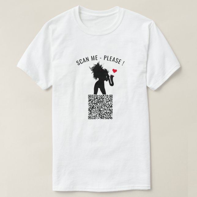 Funny T-Shirt with QR Code Scan Info and Saxo Girl (Design Front)
