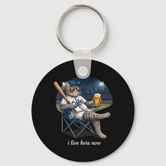 Funny Tabby Cat Ballfield Baseball Field Live Here Keychain (Front)