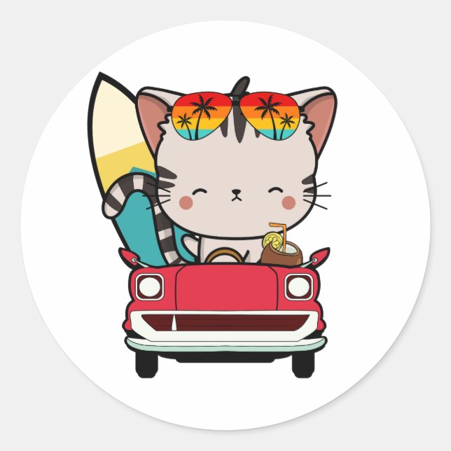 Funny Tabby cat is driving to the beach Classic Round Sticker (Front)