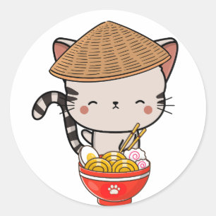 Funny tabby cat is eating noodles classic round sticker