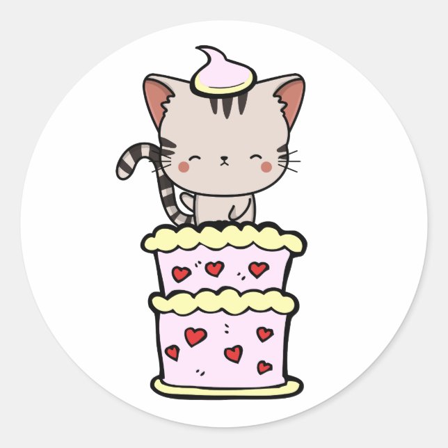 Funny Tabby cat jumping out of a cake Classic Round Sticker (Front)
