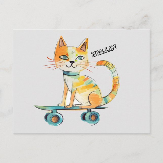 Funny Tabby Cat Skateboarding Postcard (Front)