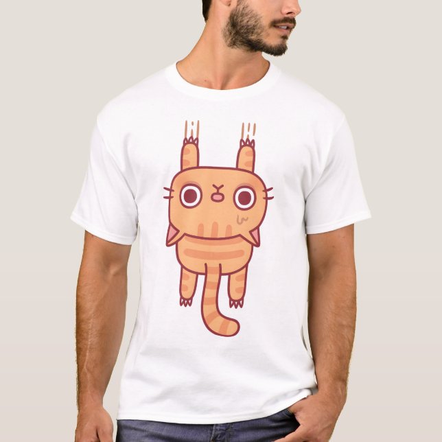 Funny Tabby Cat Using Claws To Hang On T-Shirt (Front)