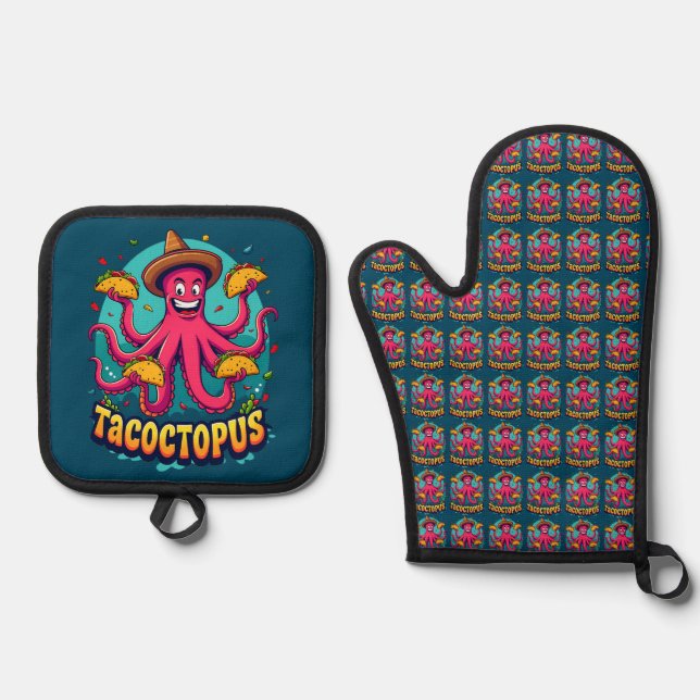 Funny Taco Octopus Cartoon Food Pun Oven Mitt & Pot Holder Set (Front)