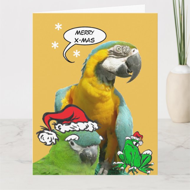 Funny Talking Parrot Merry X-Mas Greeting Card (Front)
