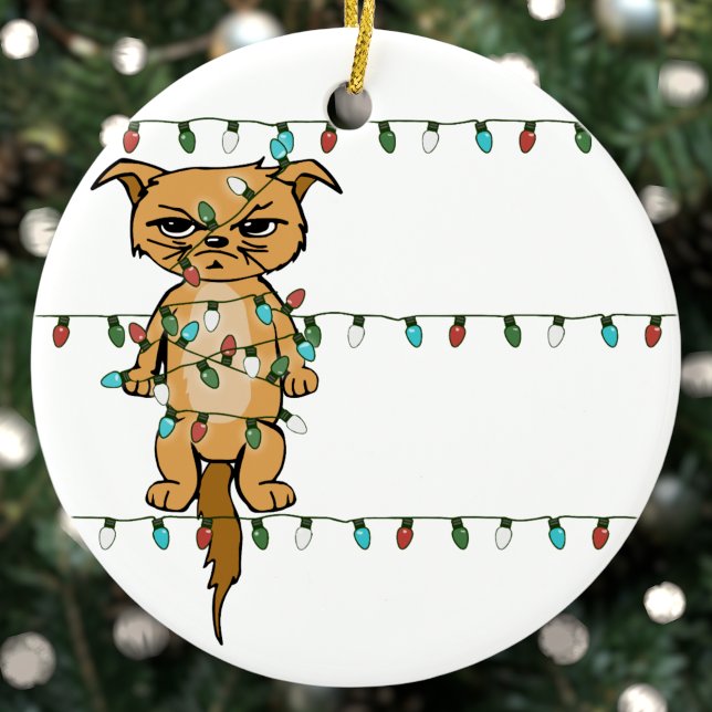 Funny Tangled Grumpy Holiday Cat Christmas Tree Ceramic Ornament (Creator Uploaded)