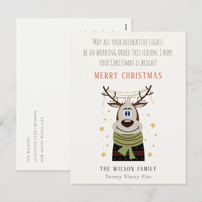 Funny Tangled Working Christmas Lights Reindeer Holiday Postcard (Front/Back)