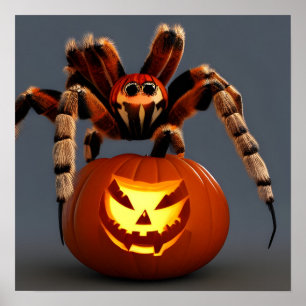 Funny Tarantula With Jack O' Lantern Halloween  Poster