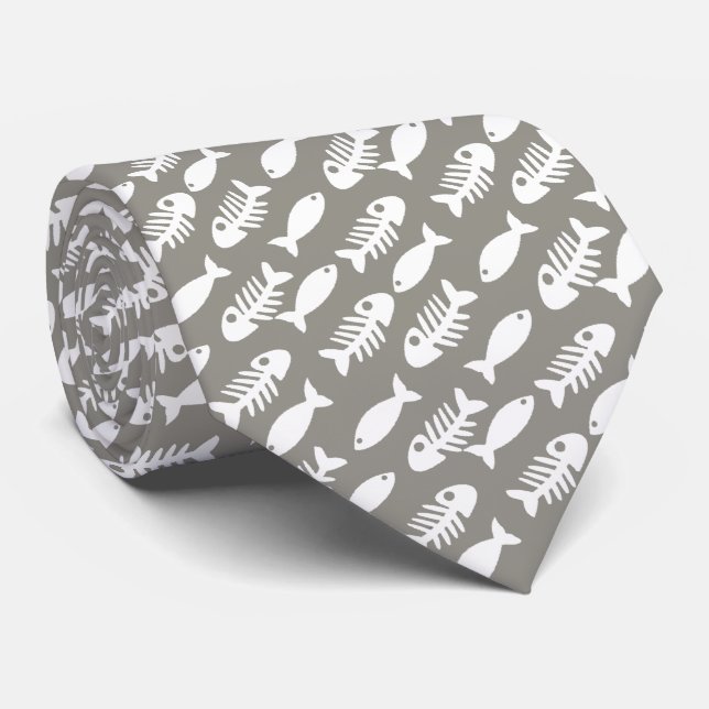 Funny Taupe Beige White Retro Fish Pattern Neck Tie (Rolled)