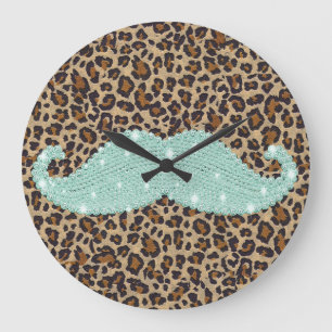 Funny Teal Green Bling Moustache And Animal Print Large Clock